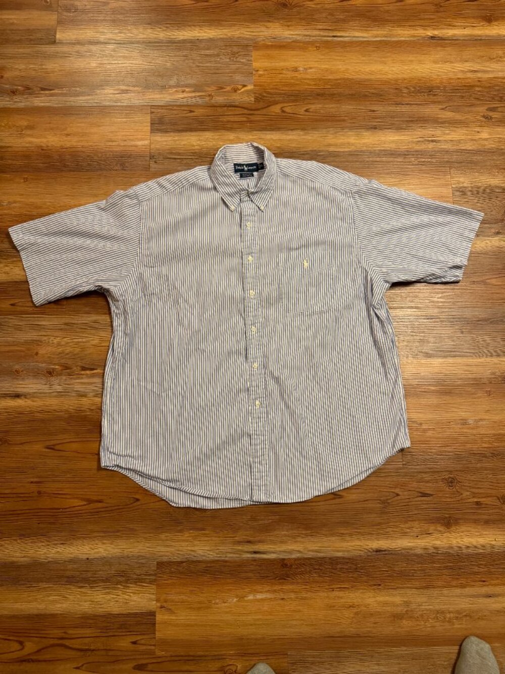 Mens  - Ralph Lauren Blue White Striped - Short Sleeve Button Down -XL BIG SHIRT